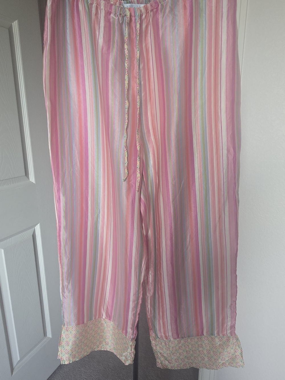 100% Silk Pink Multicolor Striped Wide Leg Pajama Lounge Pants